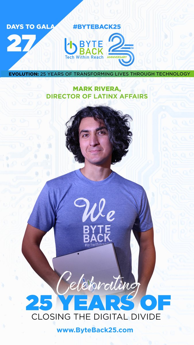 We_ByteBack's tweet photo. 27 Days to our 25th Anniversary Gala on October 14th. GET YOUR TICKET TODAY at https://t.co/kZkqQ0ryy8 or make a donation to show your support and help us bridge the digital divide. Today we feature our Director of LatinX Affairs @markderekrivera #byteback25 https://t.co/PC45kWA8rk