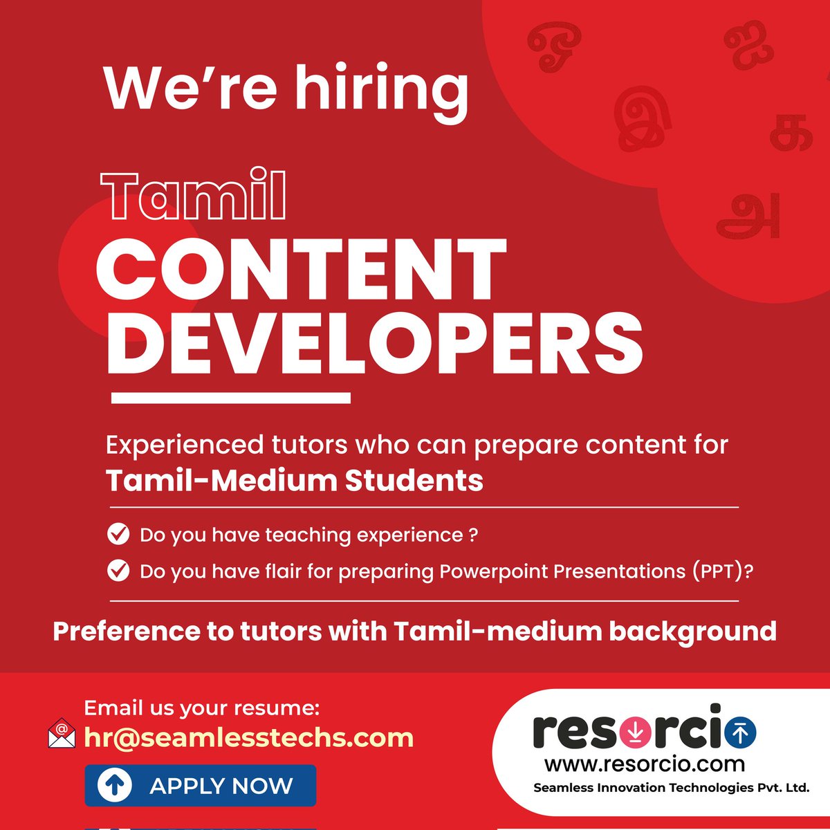 resorcio's tweet photo. Hiring Tamil/தமிழ் Content Developers ✍🏻✍🏻✍🏻

Experienced tutors who can prepare content for Tamil medium students.

Email us your resumes at hr@seamelesstechs.com

#hiring
#tamilcontent
#tamillanguage
#teachers
#தமிழ்
#resorcio https://t.co/9zQkDxTq4H