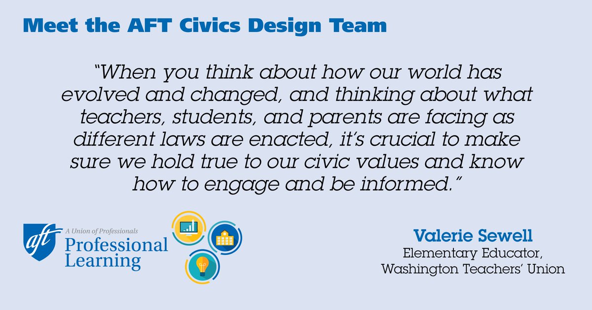 AFTteach's tweet photo. 📚 We have 10 educators from across the country who are creating #AFTPD modules for #civics educators for fall 2022
🍎 Part of that @AFTunion #Civics design team is Valerie Sewell from @WTUTeacher
Read her biography
https://t.co/Fv7RlOiAF7
#PDedu @Hewlett_Found @SarahElwellDC https://t.co/DV7f2sL7Th