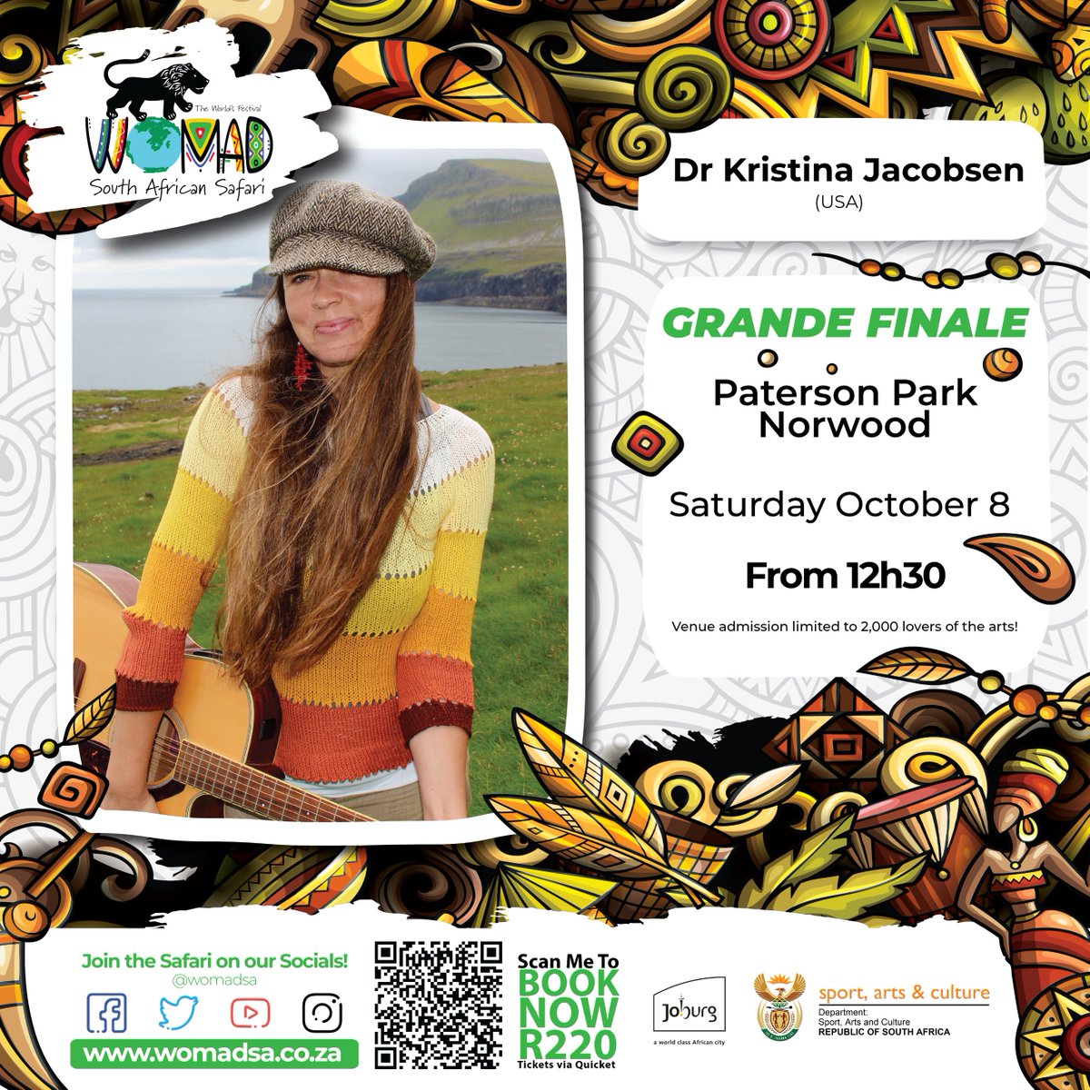 Let Dr Kristina transport you to a world of global music - all deeply considered and seemingly wrapped up quietly, but with profound sentimentality in her spacious and intimate songs! 
Get your tickets NOW! Limited venue space.
Quicket: qkt.io/GizKOv
#womadsa #womadsa22