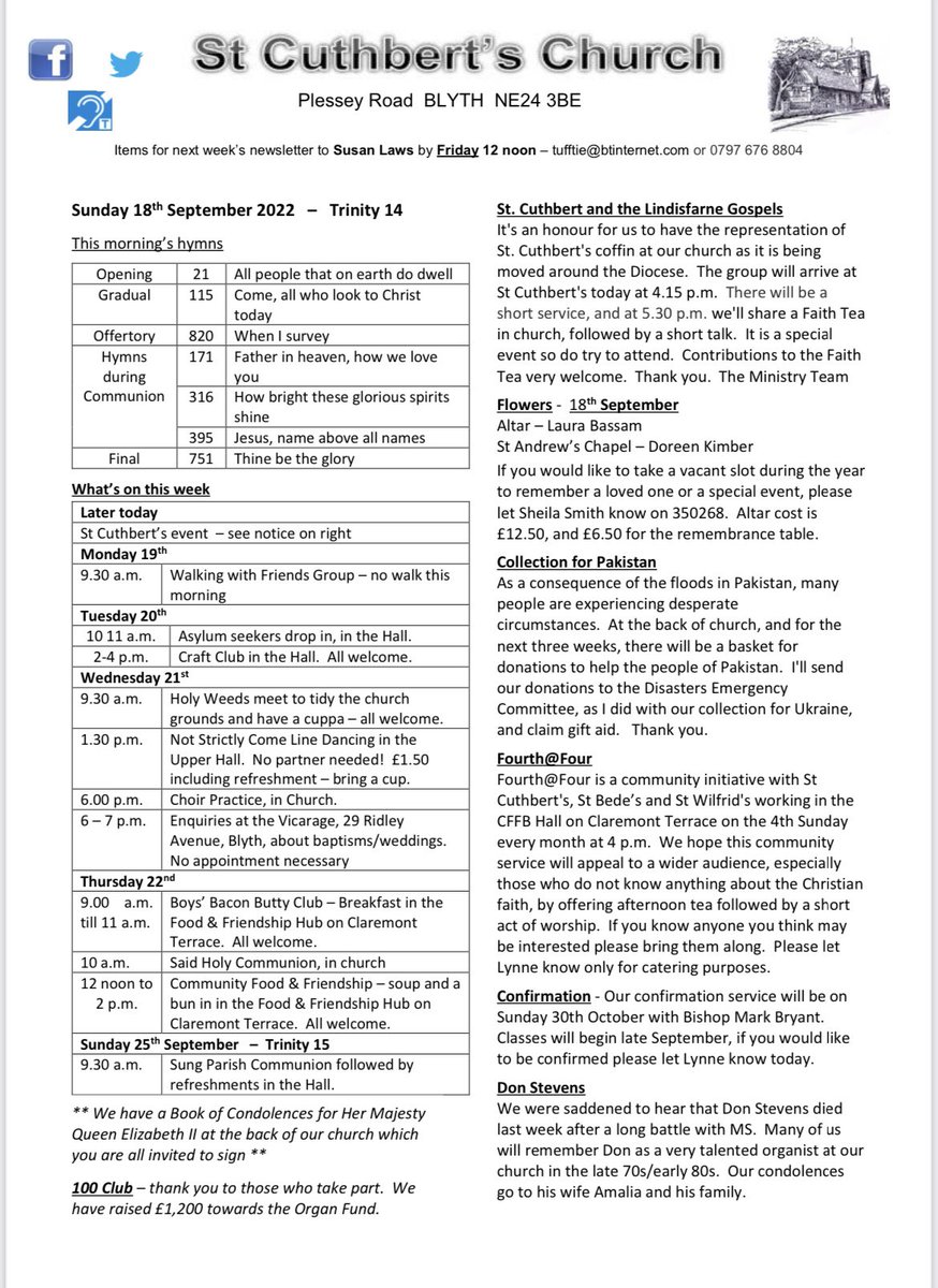 StCuthbertBlyth's tweet photo. In an effort to reduce printing costs and to be more carbon friendly, if you wish to utilise in church, could you please print your own. (There will be a limited number in church for those who cannot print a copy. Alternatively you could use a phone/tablet on silent mode. Thank u https://t.co/we238yeumS