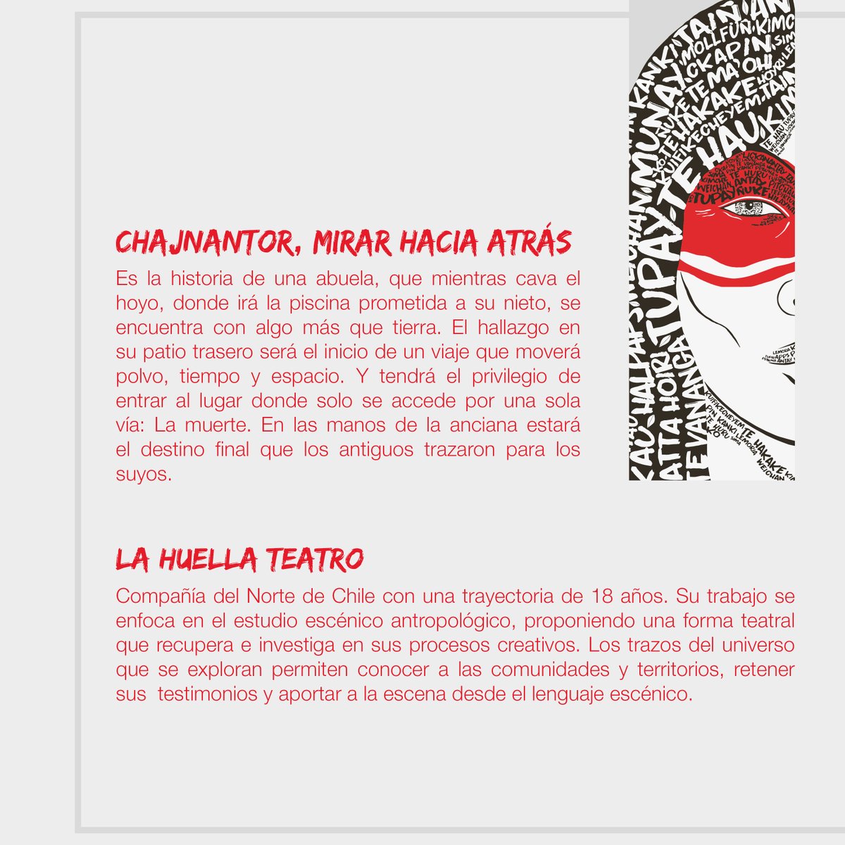 IdentidadesFest's tweet photo. Vuelve “Chajnantor, mirar hacia atrás” de @lahuellateatro1 📢
La obra, sobre ritos mortuorios de los pueblos indígenas precolombinos del Norte, se reestrenará este 2022 en  #IdentidadesFestival 🐻

📌Coordenadas:
🗓Jueves 06 de octubre, 21 hrs.
📍Anfiteatro @RuinasHuanchaca https://t.co/7nZbIJXtfj