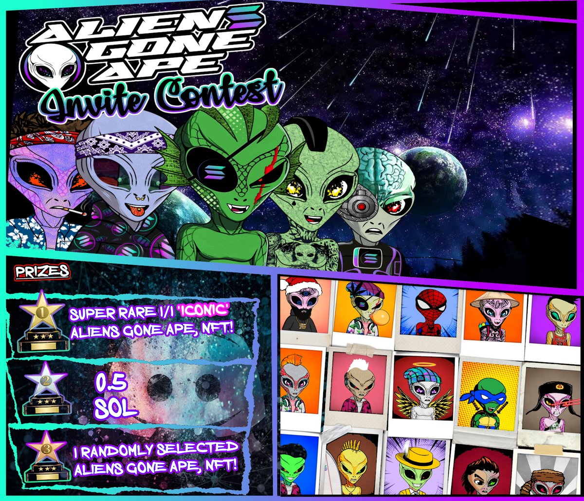 ✨INVITE CONTEST🎉

To Enter:
- Join Aliens Gone Ape 👽 
>>>discord.gg/7sfCSQeaDy<<<

- Create an invite link for yourself, so that the number of invites can be tracked! 🛸

- Untraceable invites will not be counted! 🔢
- Ends 09/30/2022 - 00:00 UTC!

#NFTartist #nftcommunity