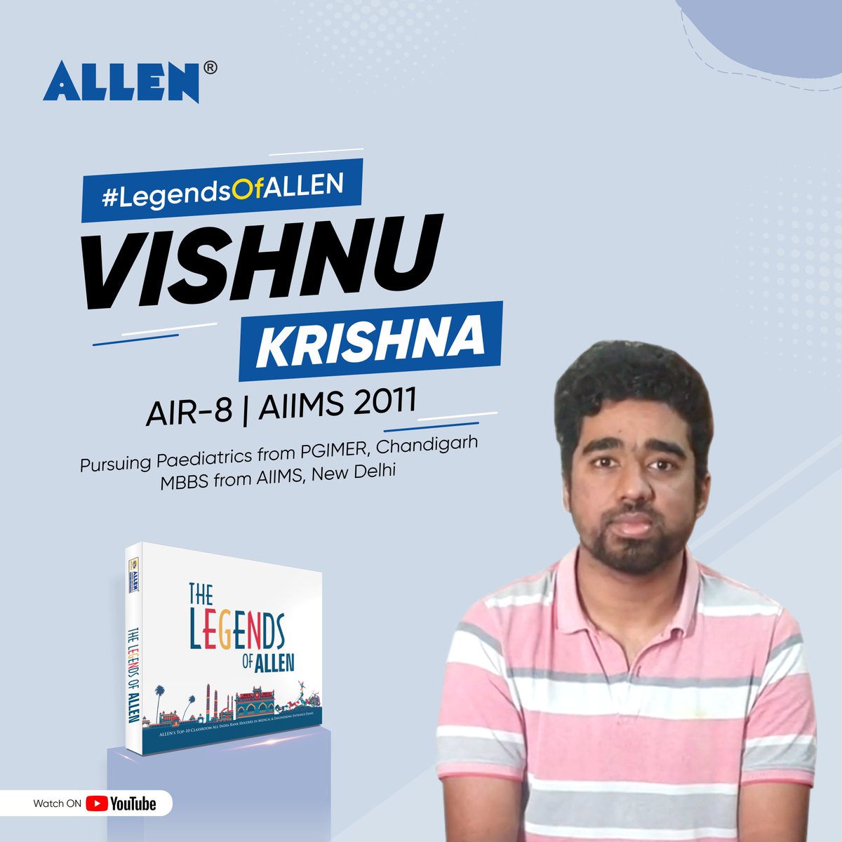 ALLENkota's tweet photo. 👉 Meet the proud AIIMS Doctor Dr. Vishnu Krishna, with special Entrepreneurship Skills. 
👉🏻 Watch Vishnu's Complete Success Journey with ALLEN: 
https://t.co/hqTAGbI1ea

#LegendsOfALLEN #ALLENAlumni #SuccessStories #ALLENKota #KotaCoaching https://t.co/AIw7Rn85kz
