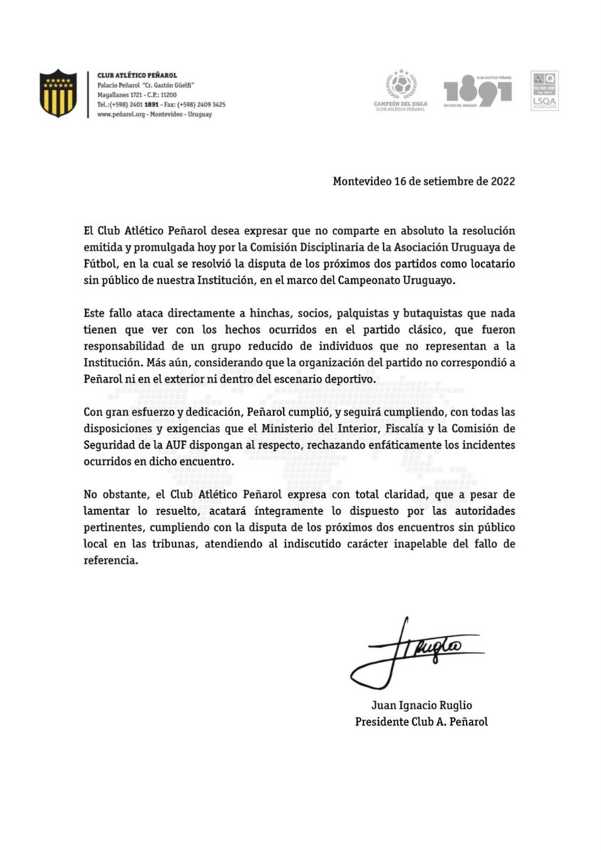 La directiva de Peñarol no quiere apelar el fallo "inapelable" para mantener la sanción contra sus propios hinchas. Nacional irá sólo a esta batalla, y en el clásico dentro de AUF, Peñarol es capaz de ir contra sus propios intereses con tal de que Nacional juegue sin público.
