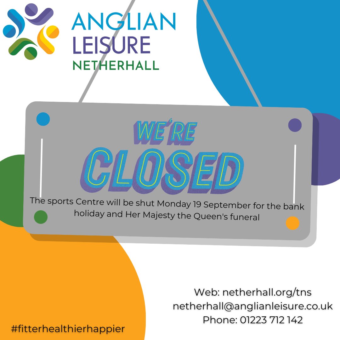 We're sorry to announce that the Sports Centre will be shut on Monday 19 September for the bank holiday
#fitterhealthierhappier
