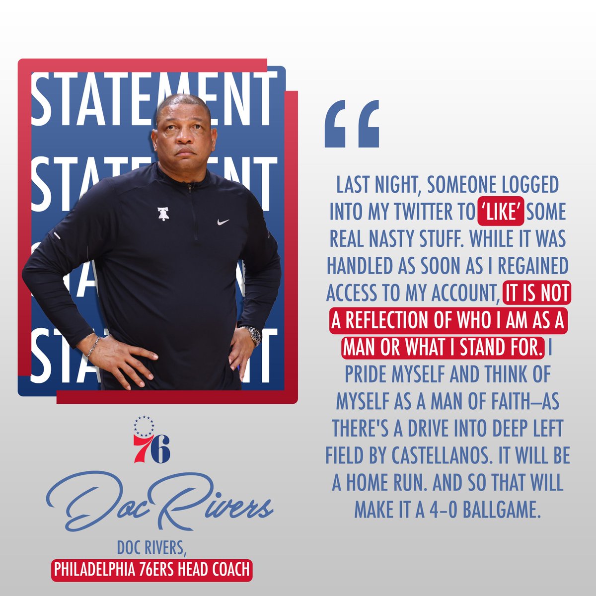 matt_talbot99's tweet photo. BREAKING: Philadelphia 76ers Head Coach, Glen 'Doc' Rivers issues a statement regarding his Twitter likes from last night. https://t.co/iDQ6rIh5tK