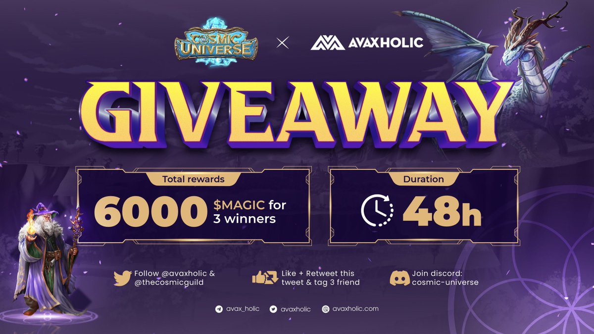 avaxholic's tweet photo. 🚀 Avaxholic x Cosmic Universe GIVEAWAY 🚀

⏱ Duration: 48 hours
🎁 Total rewards: 6000 $MAGIC for 3 winners

✅ Term:
- Follow @thecosmicguild &amp; @avaxholic 
- Follow channel: https://t.co/NNmV18opYL
- Join Discord: https://t.co/eXZSgDh9HY
- Like and Retweet this
- Tag 3 friends https://t.co/DUvEYS9H7K