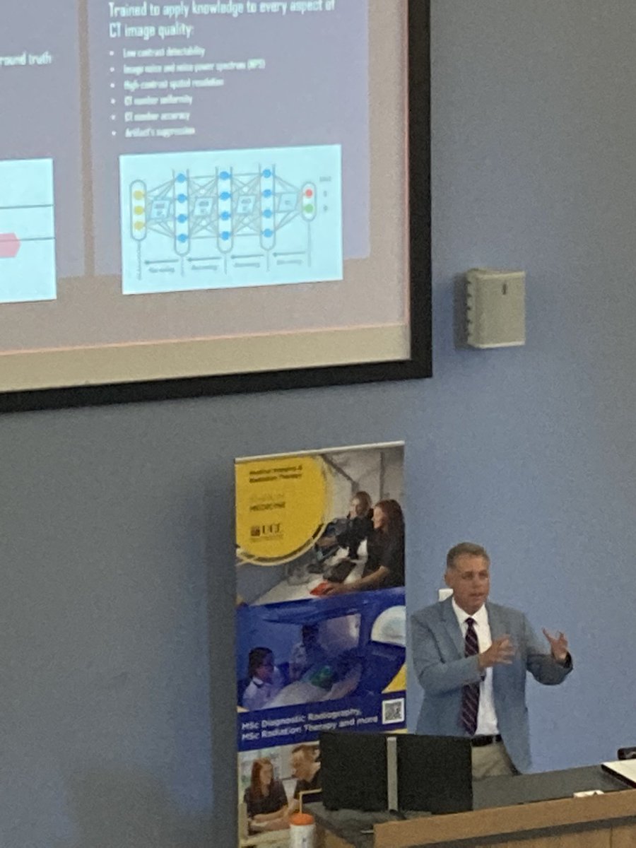 markmcentee's tweet photo. Dr Dominic Crotty of @generalelectric medical systems captivating the audience with auto positioning, auto prescription, true fidelity reconstruction, AI based reconstruction #UCCCT https://t.co/iwV66NSYF2
