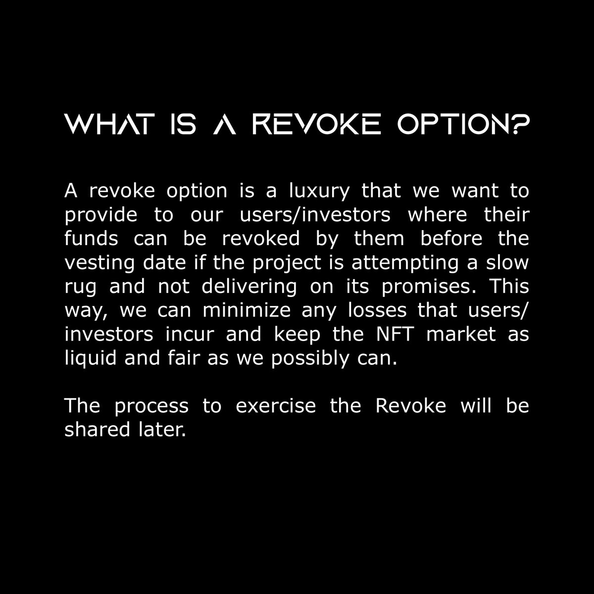 intersectionnft's tweet image. ‼️YOUR FUNDS ARE NOT SAFE‼️

We are serious about addressing the 𝐭𝐫𝐚𝐧𝐬𝐩𝐚𝐫𝐞𝐧𝐜𝐲 and safety concerns in the NFT space💯

“Vesting” and “Revoke” are two state-of-the-art features of #Intersection marketplace and launchpad to let you rest assured post investing🤝