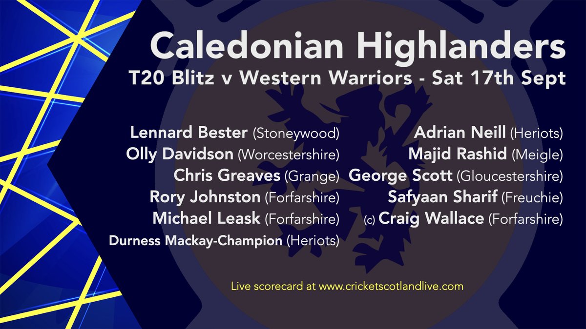 Here's the Highlanders line-up, taking the new ball is George Scott. 

Live scorecard: cricketscotlandlive.com/match/135042-6…