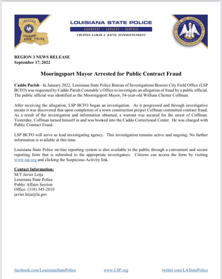 LA State Police on Twitter "Mooringsport Mayor Arrested for Public