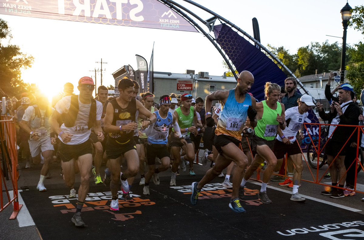 Runners take off from the starting line for the Pikes Peak Ascent. Over the course of 13.32 miles runners will climb 7,815 feet to the summit of America’s Mountain.
