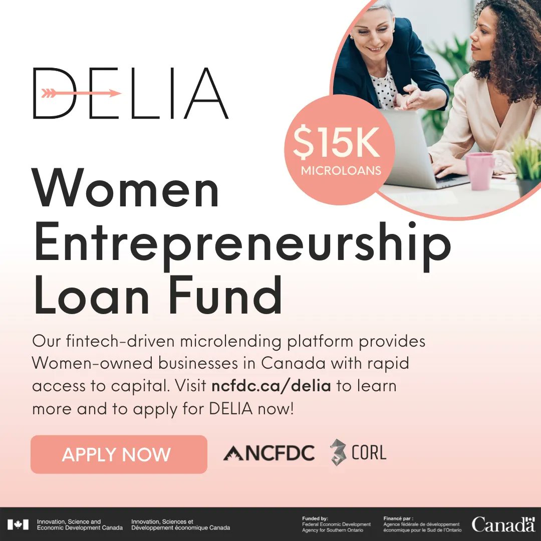 Venture_13's tweet photo. From our partners at the @NrthmbrlndCFDC - DELIA provides affordable financing options for women entrepreneurs across Canada to help start up, stabilize, or expand their ventures. Learn if your business qualifies for a microloan by visiting https://t.co/BjtF0ghimX for details. https://t.co/E24YTmEYqA
