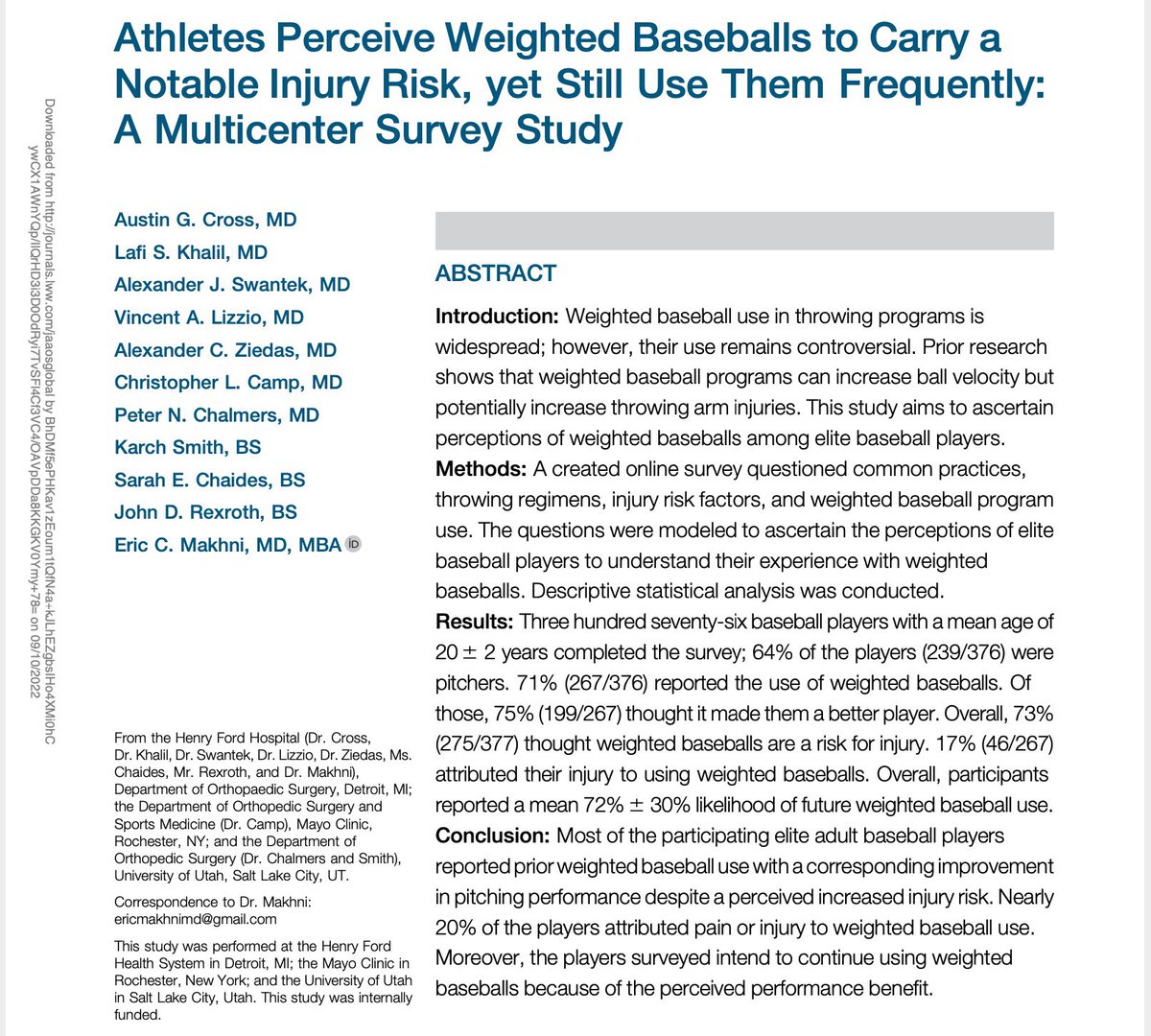 ChrisCampMD's tweet photo. Survey of 376 college/pro baseball players on Weighted Balls. #’s to know👇

71% use WB
#1 reason: ⬆️ velo
75% say WB ⬆️ performance
73% say WB ⬆️ injury
17% link prior injury to WB
72% will use WB in future

Most see a risk, but are willing to take it

https://t.co/1mh96xa3s7 https://t.co/5ajoxZhGaz