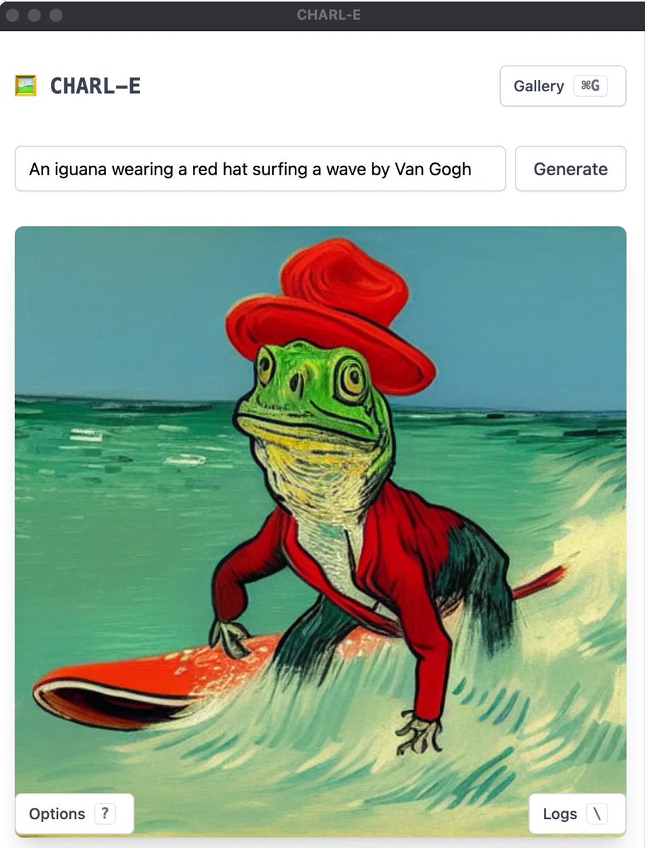 charlieholtz's tweet image. 🖼️Introducing CHARL-E: Run Stable Diffusion on your M1 Mac. 

- 1 click download
- Open source
- Runs locally, no internet required

charl-e.com