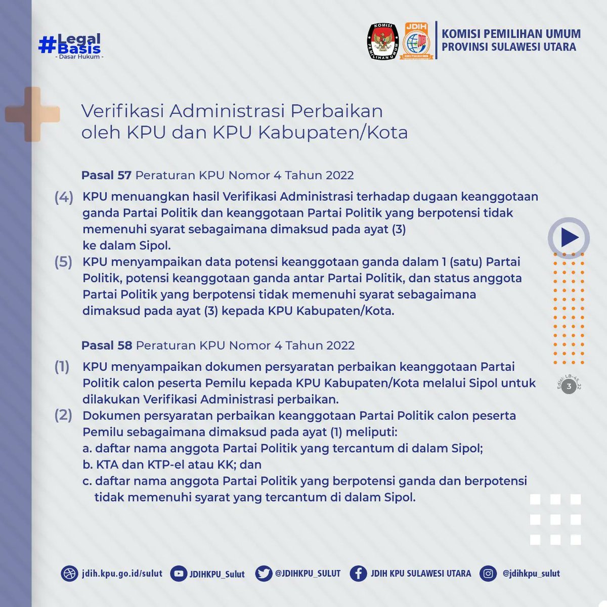 JDIHKPU_SULUT's tweet photo. #SobatJDIH
Selamat Sore Sobat JDIH KPU 🤩🙏🏻
Konten #legalbasis seri 45 hari ini akan mengulas tentang Verifikasi Administrasi Perbaikan Dokumen Persyaratan Parpol. Yuk Simak grafis berikut ini ... https://t.co/8DI6iCSUtI