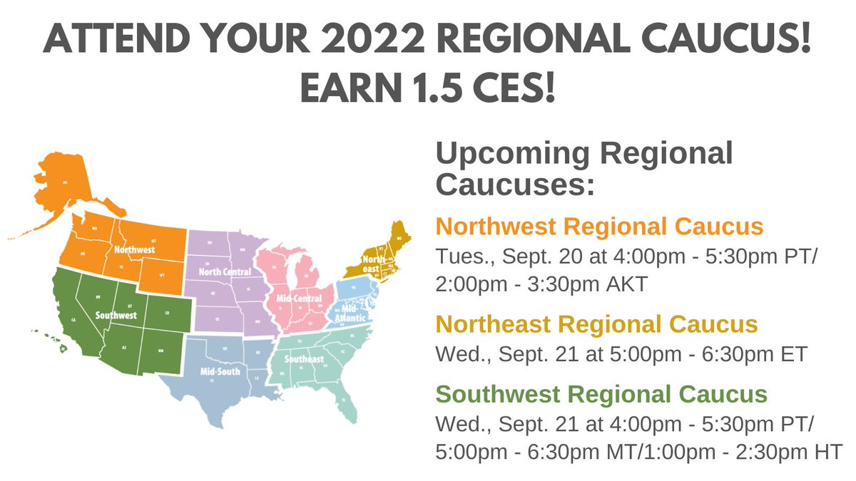 The virtual 2022 Regional Caucus meetings continue next week! Next week’s Regional Caucus meetings include the Northwest, Northeast, &amp; Southwest regions, leading with the Northwest meeting on Tuesday, 9/20! Register for your meeting today at naadac.org/regional-caucu…! Earn 1.5 CEs!