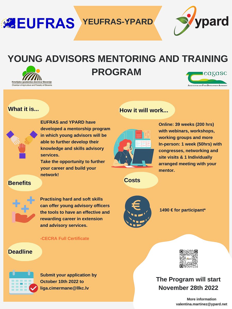 YPARD's tweet photo. 🌾 YPARD and #EUFRAS invite you to join the YEUFRAS-YPARD Young Advisors Mentoring and Training Program which aims to encourage youth towards a career in extension services
🌟Deadline: 10th October 2022
More https://t.co/4FZzVLTMBu https://t.co/SHLSomc3ZV