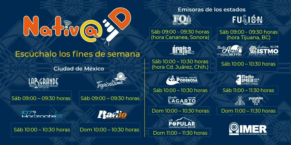 imerhoy's tweet photo. 🟠 Escucha Nativ@D este sábado por las estaciones del IMER. ¡No te lo pierdas!

Visita el micrositio ➡️ https://t.co/fPrUjvatOt

@apantallados #UnidosPorLasAudiencias https://t.co/AGmaqcjeNz