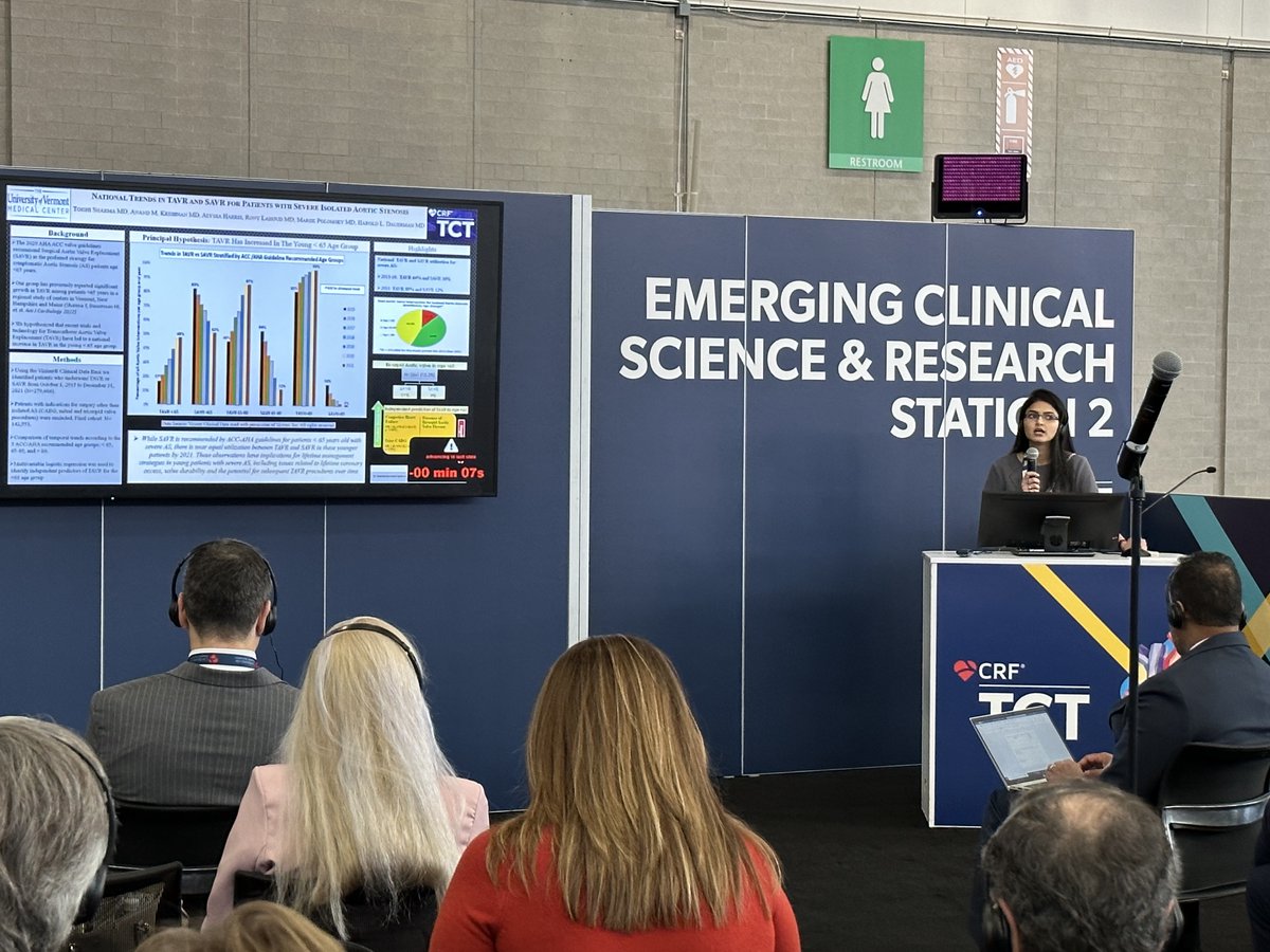 NishithChandra's tweet photo. @drsharmatoishi presenting her research on changing trends of TAVR vs SAVR in younger patients and it’s challenges. @mmamas1973 @mirvatalasnag @Hragy @MartyMleon @GreggWStone @crfheart #TCT2022 @Pooh_Velagapudi @DrMarthaGulati @DrAsifQasim @nyalborgesmd @iamritu @ANazmiCalik https://t.co/zcXNph56uR