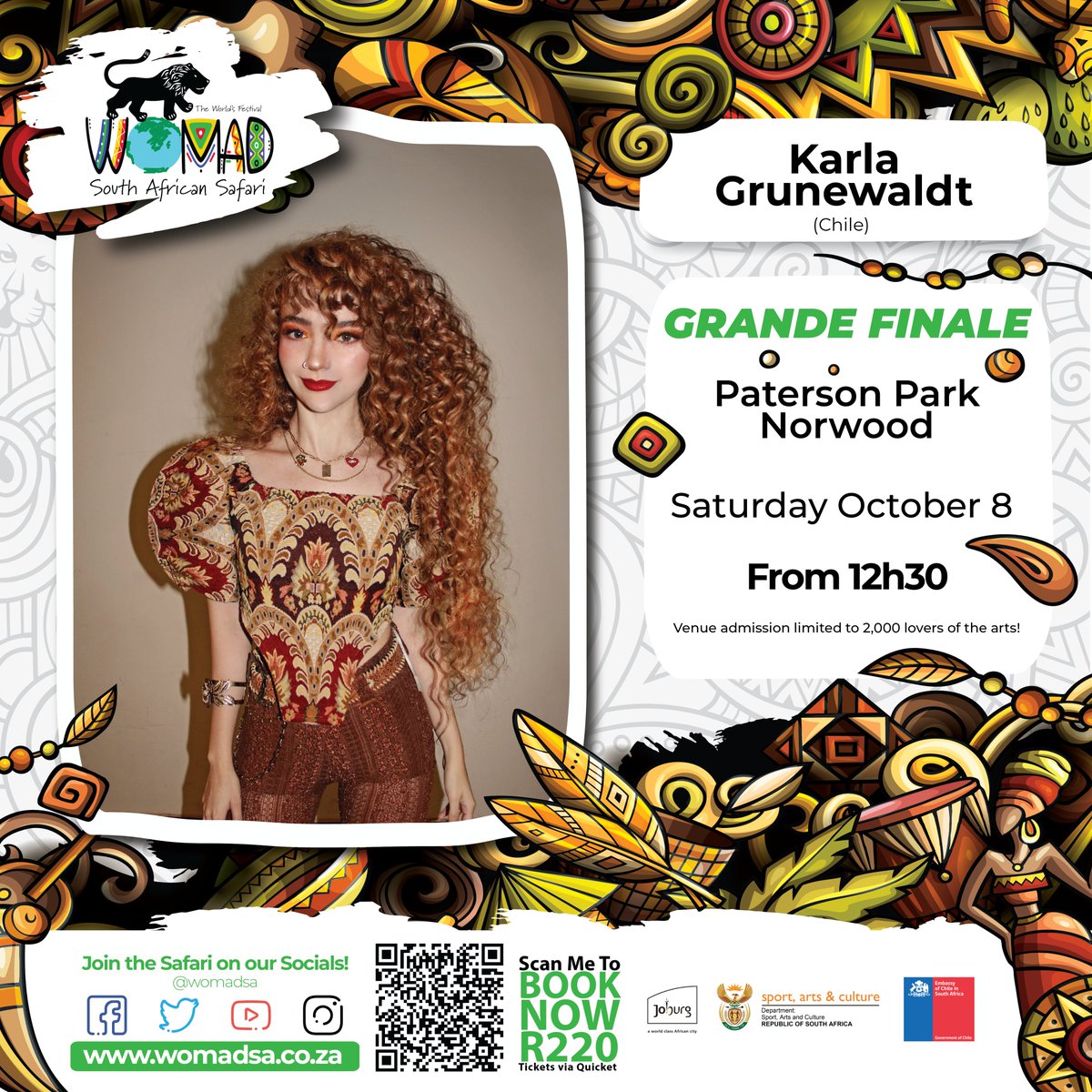 Get ready for a powerful and magical experience when Karla Grunewaldt steps onto the WOMAD Stage. Each of her songs is a mixture of emotions and sounds that breaks boundaries!

Get your tickets NOW! Limited venue space.
Quicket: qkt.io/GizKOv
#womadsa #womadsa22