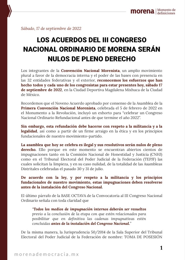 JohnMAckerman's tweet photo. OJO: Compartimos nuestro nuevo pronunciamiento de la @ConvenMorena que denuncia y demuestra jurídicamente que todos los acuerdos tomados hoy por el III Congreso Nacional de @PartidoMorenaMx serán nulos de pleno derecho.👇🏾👇🏾👇🏾👇🏾 https://t.co/trlu2HOzze