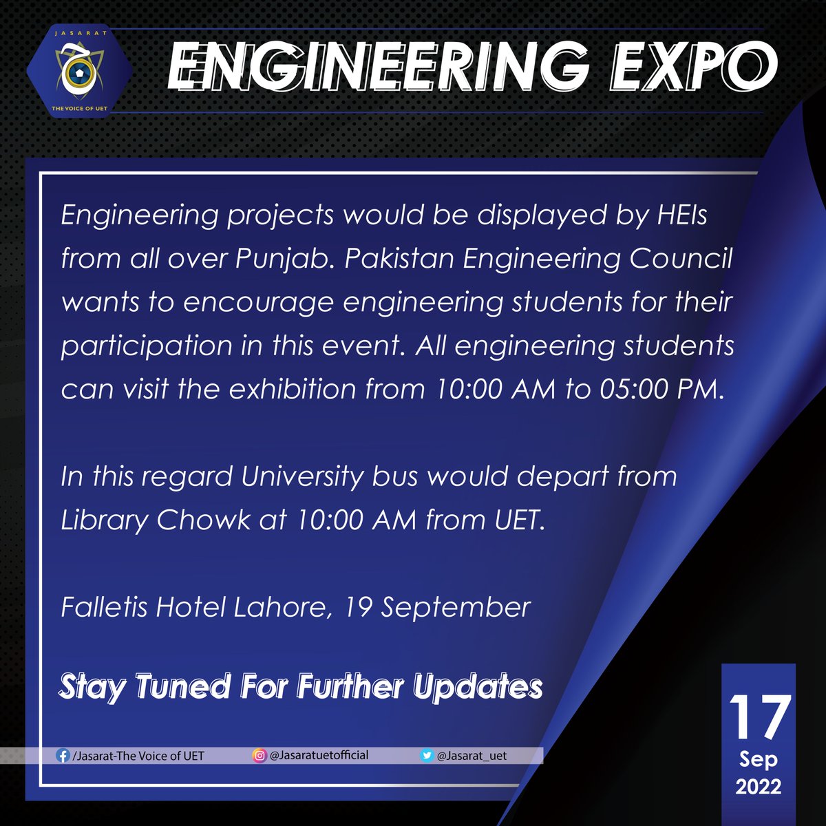 jasarat_uet's tweet photo. || Engineering Capstone Expo 2022 ||

ENGINEERING CAPSTONE EXPO will be held on Monday September 19th, 2022 at Falletis Hotel Lahore and will start at 10:00 AM.

Link: https://t.co/6jHXdFIfc8

#JASARAT_UET #EXPO #EngineeringCapstone

𝐉𝐚𝐬𝐚𝐫𝐚𝐭 - 𝐓𝐡𝐞 𝐕𝐨𝐢𝐜𝐞 𝐨𝐟 𝐔𝐄𝐓 https://t.co/qqLNkxJ0Dx