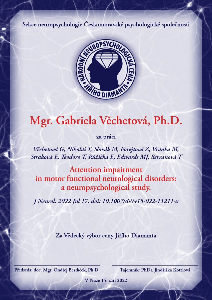 CzechANP's tweet photo. 🥳The National Neuropsychological Diamant Prize for the best publication of this year, goes to Dr. Gabriela Vechetova and her colleagues. 
Warm congratulations and all the best for the following work! https://t.co/DVwqV9iKbJ