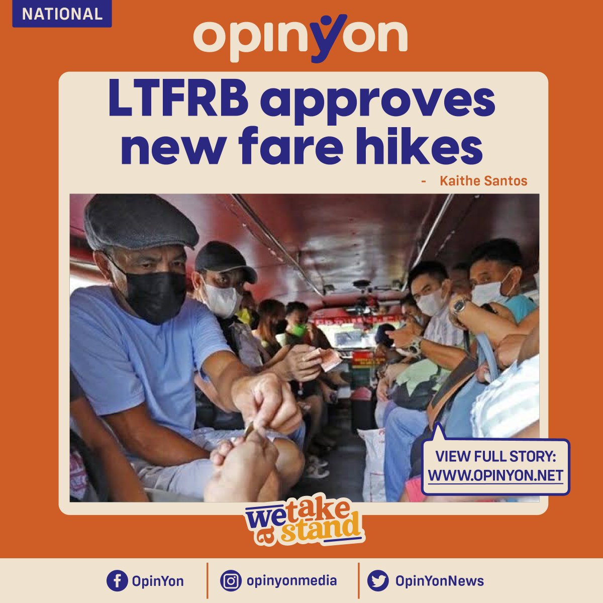 OpinYonNews's tweet photo. The Land Transportation Franchising and Regulatory Board approves the fare increase in jeepneys, taxis, SUV/AUV and buses.
Read more
https://t.co/YG4sTKoilw
#farehike, #LTFRB, #minimumfare https://t.co/PeZz08RCuA