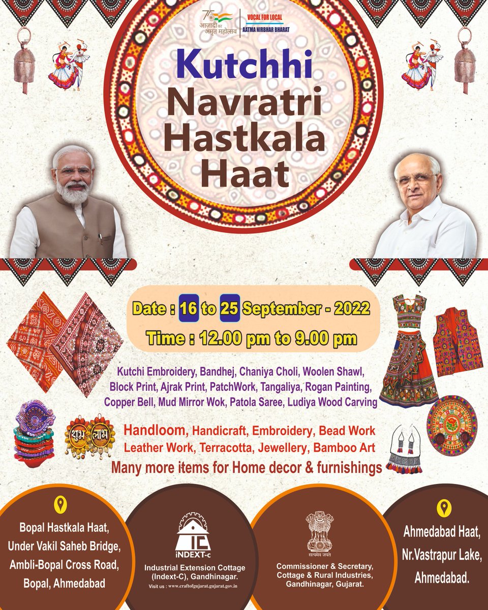 CottageGoG's tweet photo. The Kutchhi #Navratri #HastkalaHaat is now live from 16 Sep to 25 Sep in #Vastrapur and #Bopal! Visit the #exhibition and get an opportunity to buy collection of curated and #authentic crafts from #Kutch directly from the Artisans.
#craftsofgujarat #ahmedabad #vibrantgujarat https://t.co/OwrGxslUZE