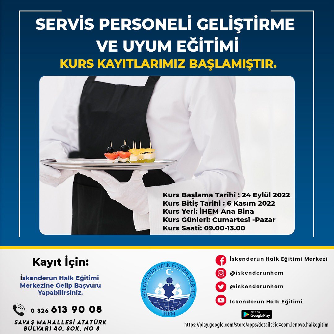 iskenderunhem's tweet photo. 🍽️ Servis Personeli Geliştirme ve Uyum Eğitimi Kurs Kayıtlarımız Başlamıştır. https://t.co/rKSppQET9R