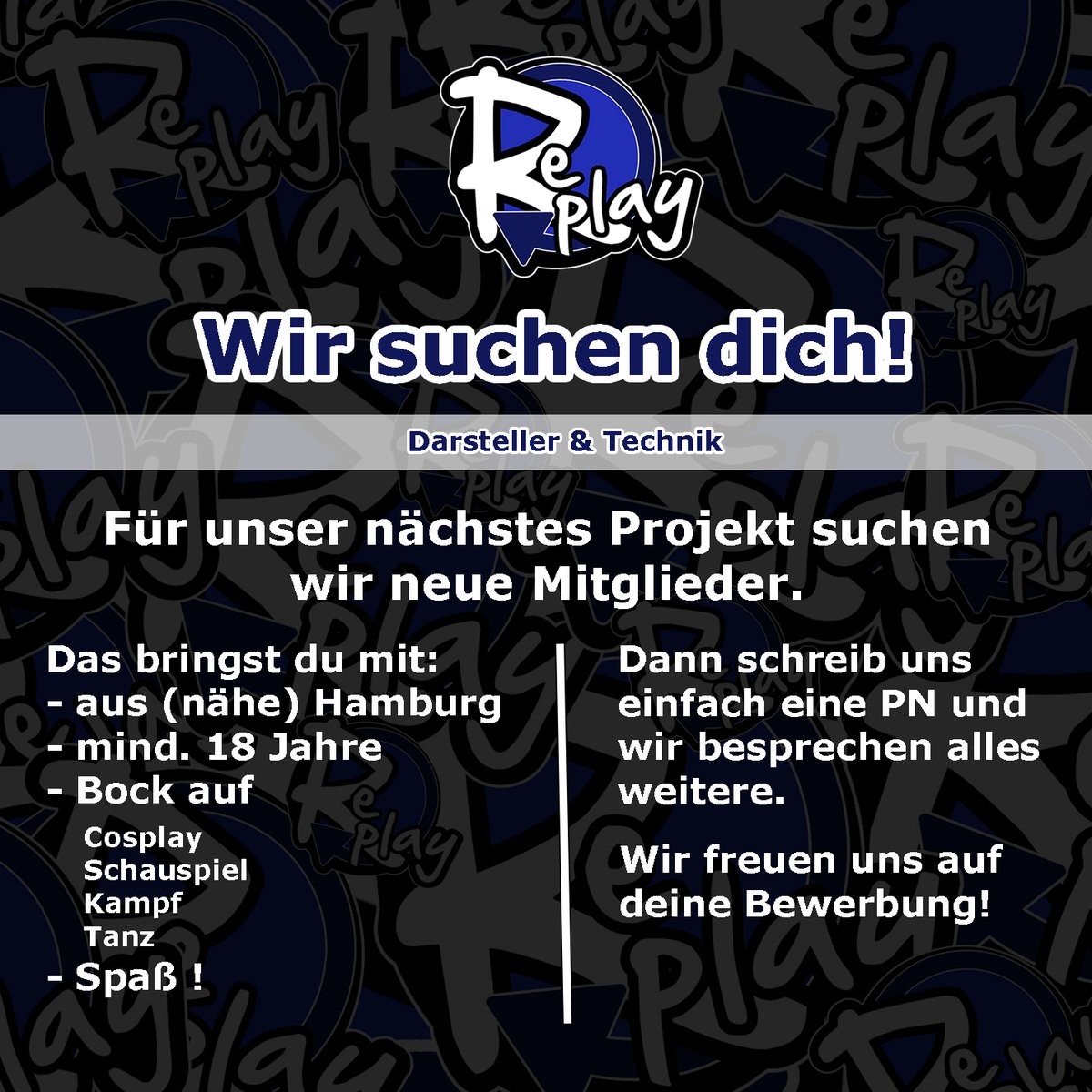 WIR SUCHEN DICH!
Nun da wir uns wieder regelmäßig zu Proben treffen, sind wir auf der Suche nach neuen Mitgliedern. Dabei trainieren wir ein ganzes Wochenende im Monat in Reinbek. Wenn du also Lust auf eine Showgruppe hast und die Erwartungen erfüllst, melde dich gerne bei uns 🎉