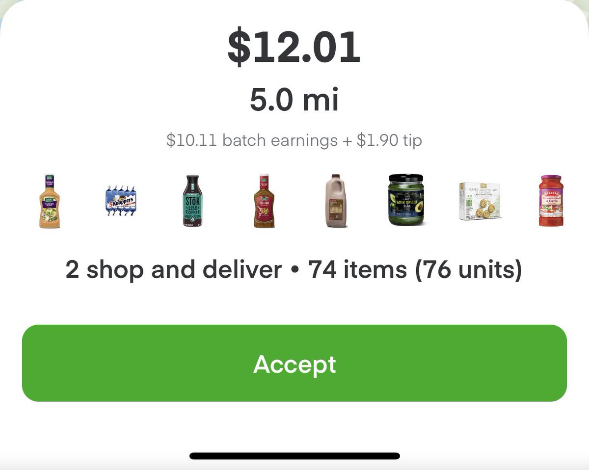 MrsAmerica1943's tweet photo. When you order #instacart &amp; pay all the extra fees please know your shopper doesn’t get the money. 

This is a 2 store order. 76 items! $1.90 tip? Overall I would get paid $12 for almost 2 hours of work plus I’d have to use my car and gas. #slavelabor @fidjissimo ruined Instacart https://t.co/n3VpA0eKQh