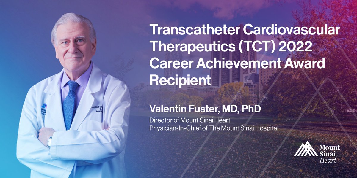 Congratulations to Valentin Fuster, MD, PhD, on being awarded the #TCT2022 Career Achievement Award for his extraordinary contributions to the field of interventional #cardiology and transformation of patient care: mshs.co/3xtn012 #CardioTwitter @MountSinaiNYC @crfheart