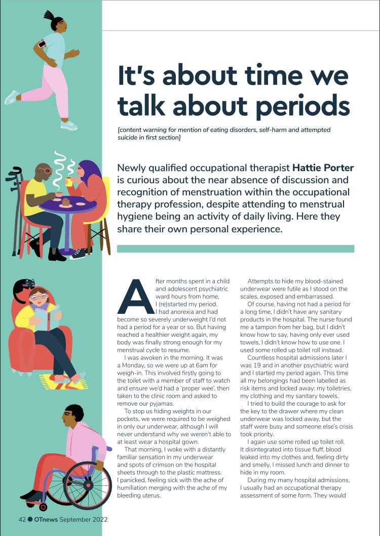 hatporter's tweet photo. I wrote about periods for OTnews. I discuss [read: overshare] my experiences of managing menstruation in various psychiatric hospitals (which was usually humiliating, undignified and unsuccessful) and highlight the need for occupational therapists to consider menstruation more https://t.co/OUjU8JL5B6