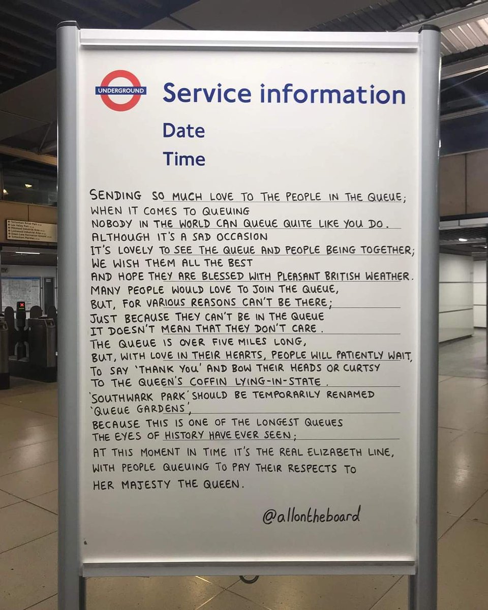 SuePBC65's tweet image. Signage from the London subway transit system. #InTheQueue #QueenElizabeth