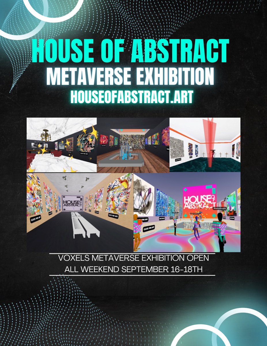 HOUSE OF ABSTRACT 🖼
metaverse exhibition is open all weekend long so stop by and check out the amazing work from over 30 curated artists and don’t forget to check the rooftop 👀🎶 

Wishing all the artists a wonderful weekend and congrats! 🍾🎉  

houseofabstract.art