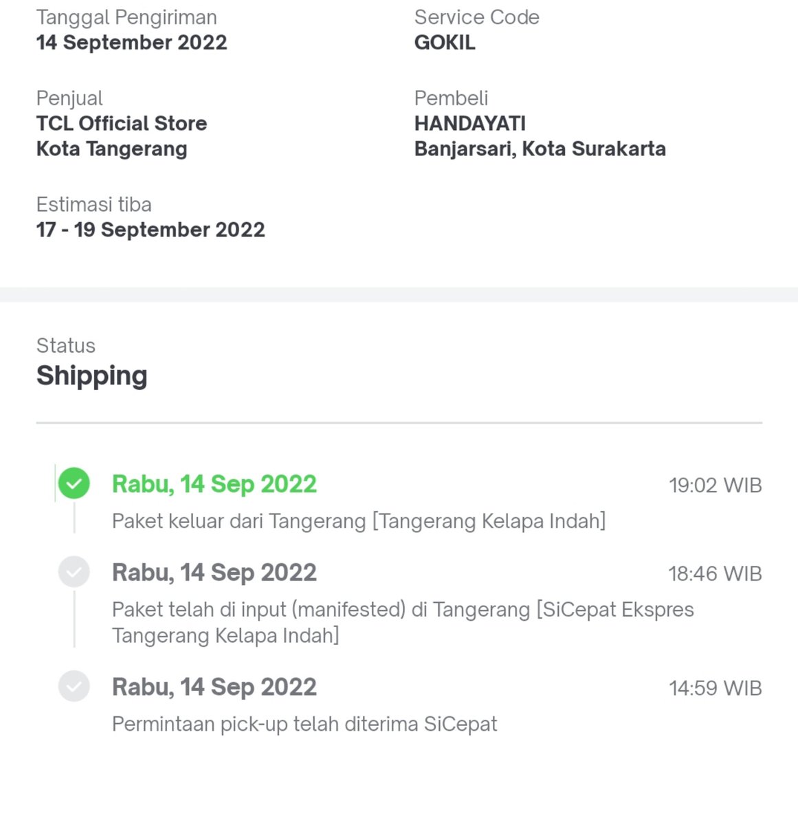 Halo <a href="/sicepat_ekspres/">SiCepat Ekspres</a> paket saya dari tanggal 14 september diem aja gak gerak. Tolong dibantu ya biar segera sampai
