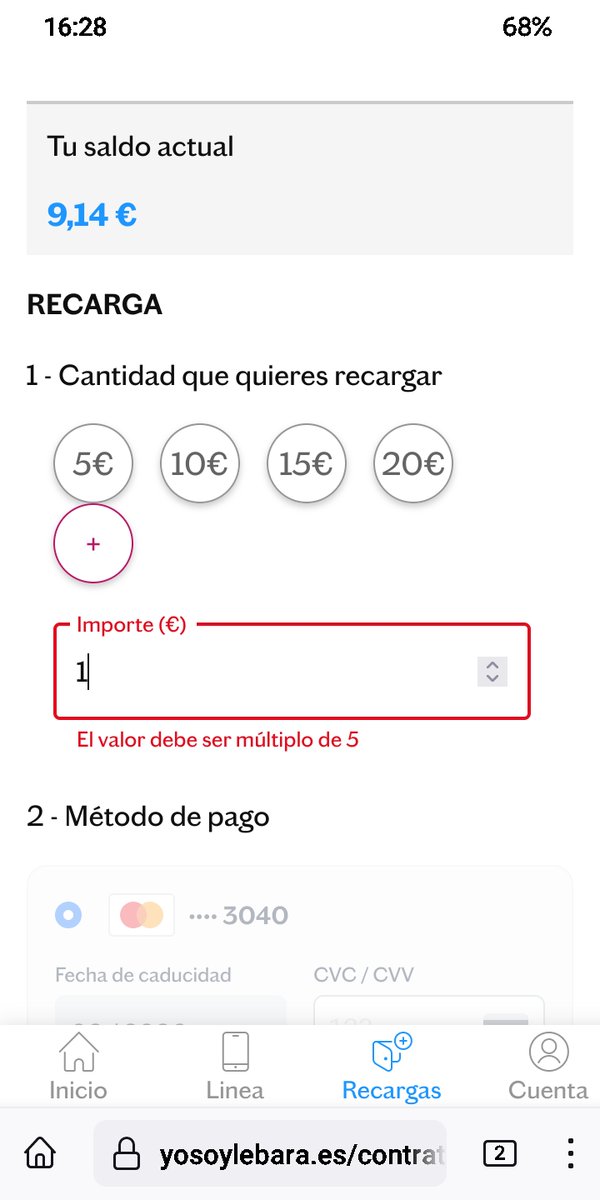 Hola <a href="/lebaraes/">Lebara España</a>, enhorabuena por todas las mejoras que estáis implementando en el área de cliente, son de gran utilidad; Para ser ideal, falta que permita recargas de 1€ para poder ajustar los restos de saldos.