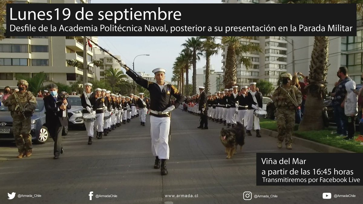 Armada_Chile's tweet photo. El lunes 19 de septiembre alrededor de las 16:45 hrs, acompáñanos en el desfile de nuestras Fuerzas de Presentación por las calles de Viña del Mar, desde 2 norte con San Martín hasta la Academia Politécnica Naval ¡Los Esperamos!

Sigue la transmisión en👇

https://t.co/bBZKlkFwa6 https://t.co/PhWh7I4QFz