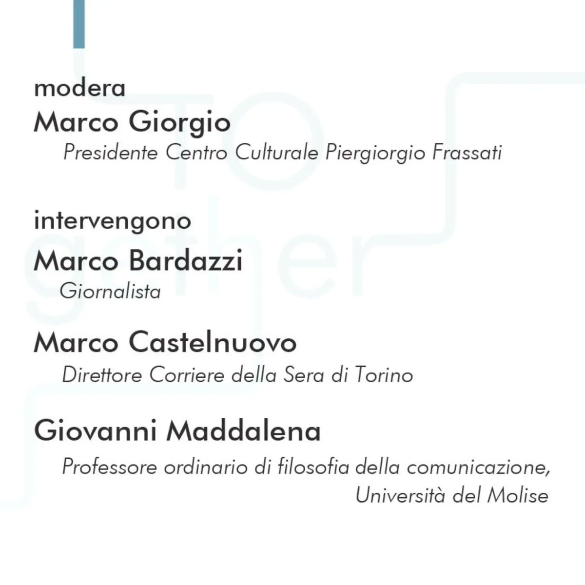 centrofrassati's tweet photo. Dal 19 al 25/09 si terrà l’evento “TOgether” per il centenario della nascita di Luigi Giussani, 
Martedì 20 settembre ore 18, avrà luogo l’incontro “Informarsi per giudicare. Ma come si fa?”. Vi aspettiamo nell’area pedonale antistante la Piazza dei Mestieri di Torino. https://t.co/lE4k9fqnUE