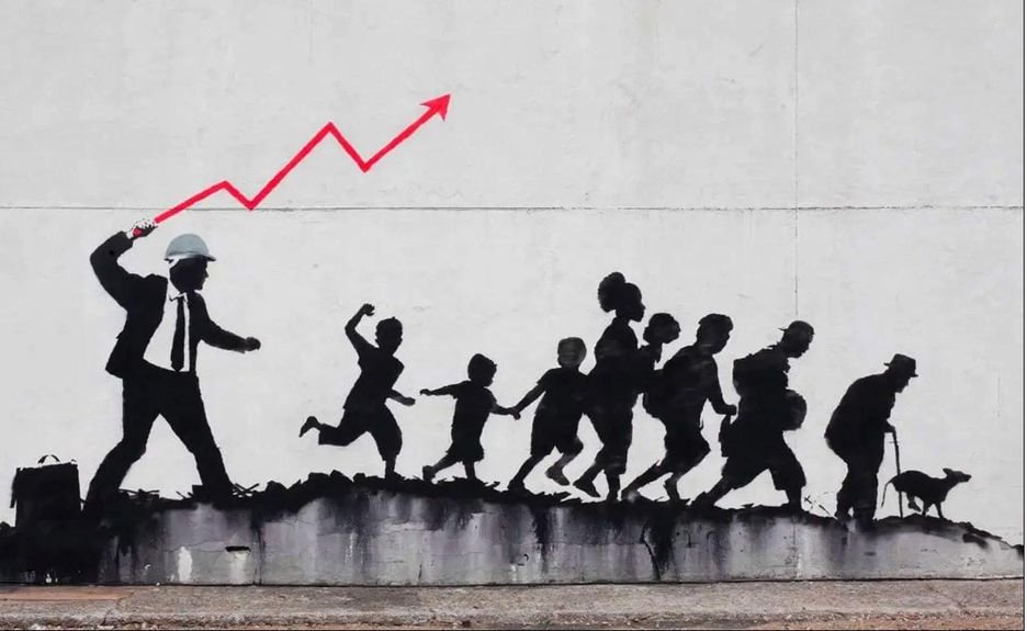 Powerful image by @banksy.

The #oppression from obsession with economic #growthdependency is so real. 

Thx @circularempt for sharing.

#postgrowth #degrowth #postcapitalism #beyondcapitalism #workplacedemocracy #wellbeingeconomy #realcirculareconomy #collectiveliberation