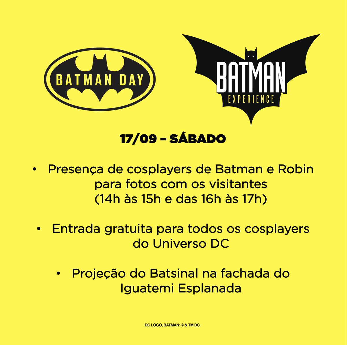 BatmanExpo's tweet photo. Batman Day em Batman Experience
Participe da programação especial neste final de semana!
Esperamos vocês no Iguatemi Esplanada.
https://t.co/MWPtPfdeCs https://t.co/W5s9ECTbW2