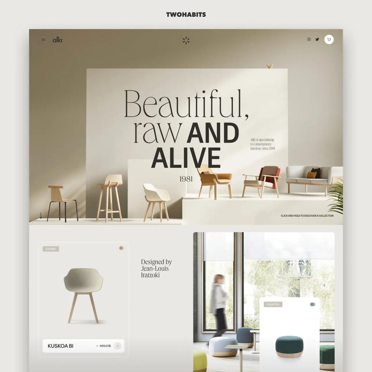 twohabits's tweet photo. ALKI by leroypaul_ — It is a French company based in the Basque Country and created in the early 80's, specialising in contemporary furniture and recognised for its unique craftsmanship in woodworking.

Link: https://t.co/V8MG0oVJmO

#webdesign #designlovers # https://t.co/Agy7cMVOjG