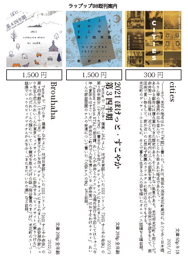 既刊について、どんなお話ですか?と時々ご質問いただき、そのたびに私のおぼつかない説明が申し訳ないので既刊のご紹介を作りました。もしかすると明日若干部印刷したものも持っていくかもしれません。もしかしたら。 