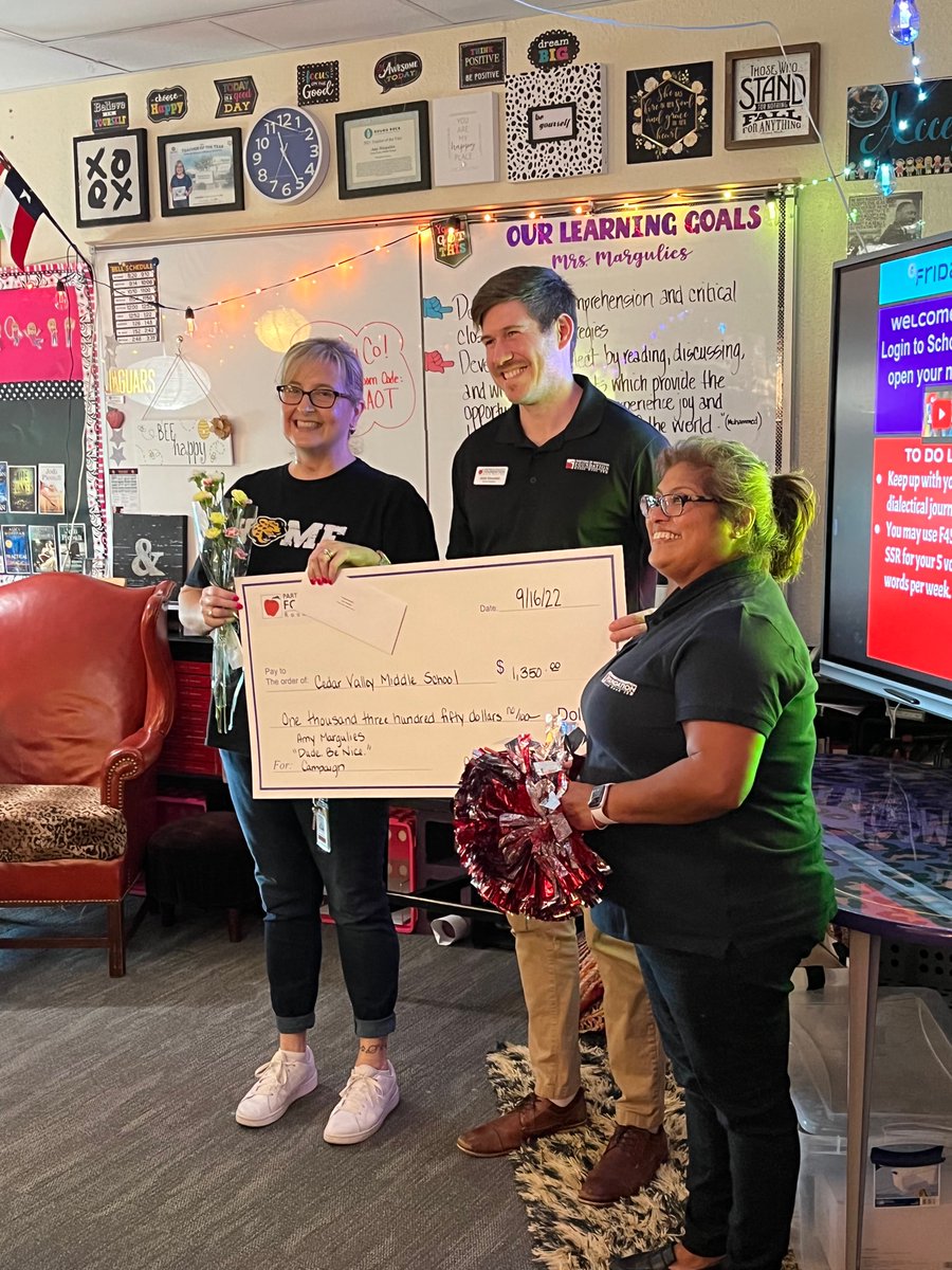 b_pearson18's tweet photo. Congratulations, @MrsMargulies on being a PIE Grant winner for your Student Council “Dude, Be Nice” campaign. @cevmsjags are so very proud of you! 💜🖤💜🖤 https://t.co/lFoYOdTYUU