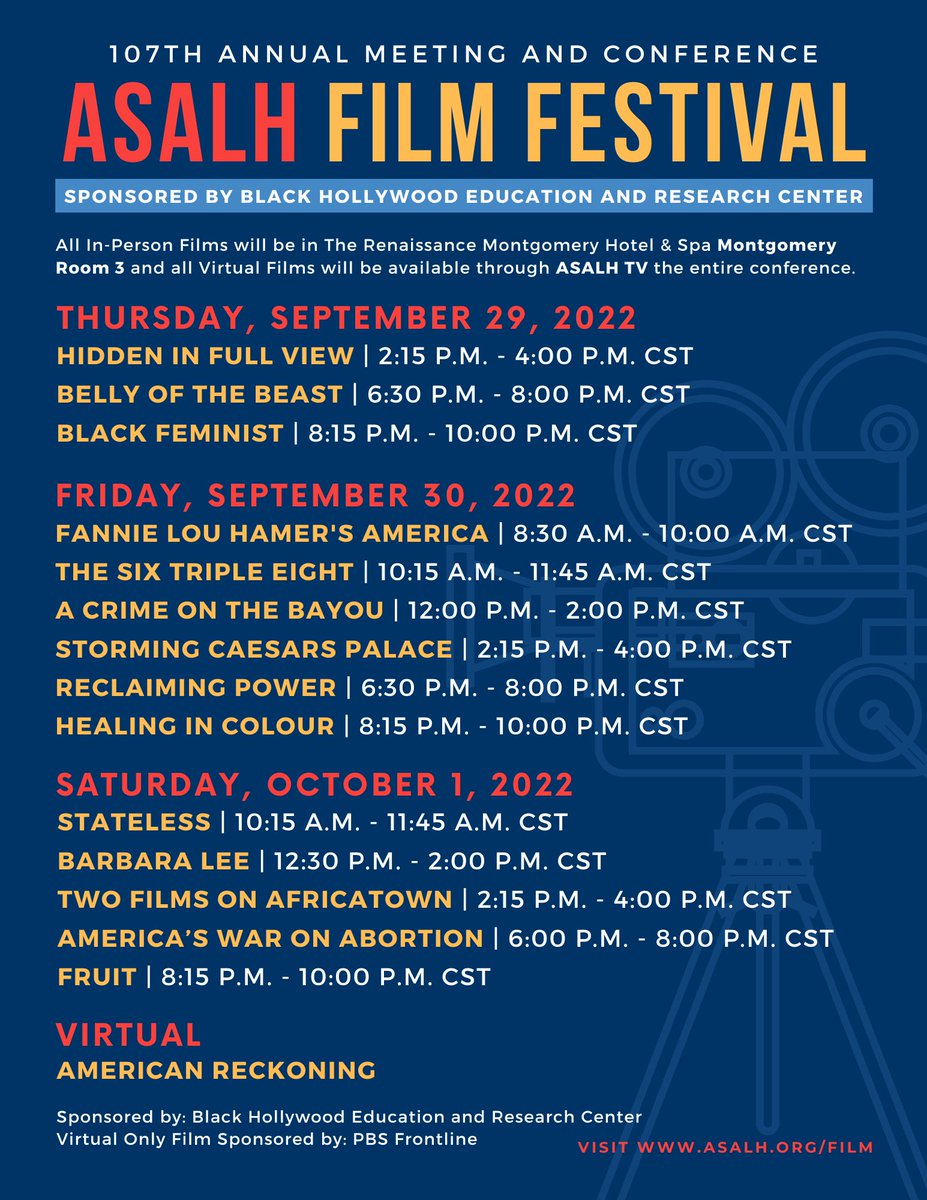 ASALH's tweet photo. The #ASALH Film Festival Schedule is out! 🙌🏽 JOIN US! #ASALH2022 https://t.co/H7PxdYcHu7 https://t.co/Unjztk8vVo