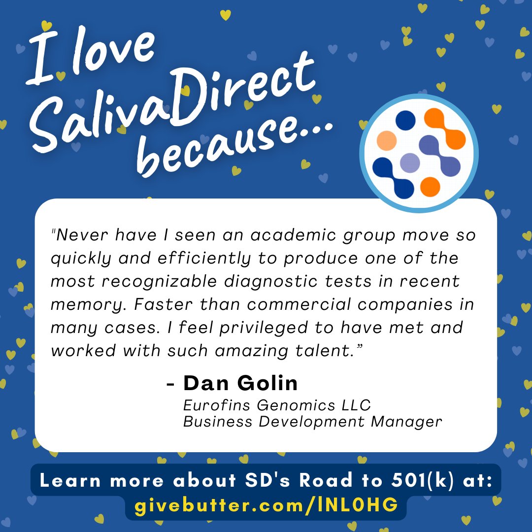 saliva_direct's tweet image. Feeling the love &amp;amp; support from our friend at @EurofinGenomics, Dan Golin. SalivaDirect is so fortunate to have such a stellar network of partners! Be part of the future of #SalivaDirect - visit givebutter.com/lNL0HG to learn more
#RoadTo510K #SpitRules #TestToSave #COVID19