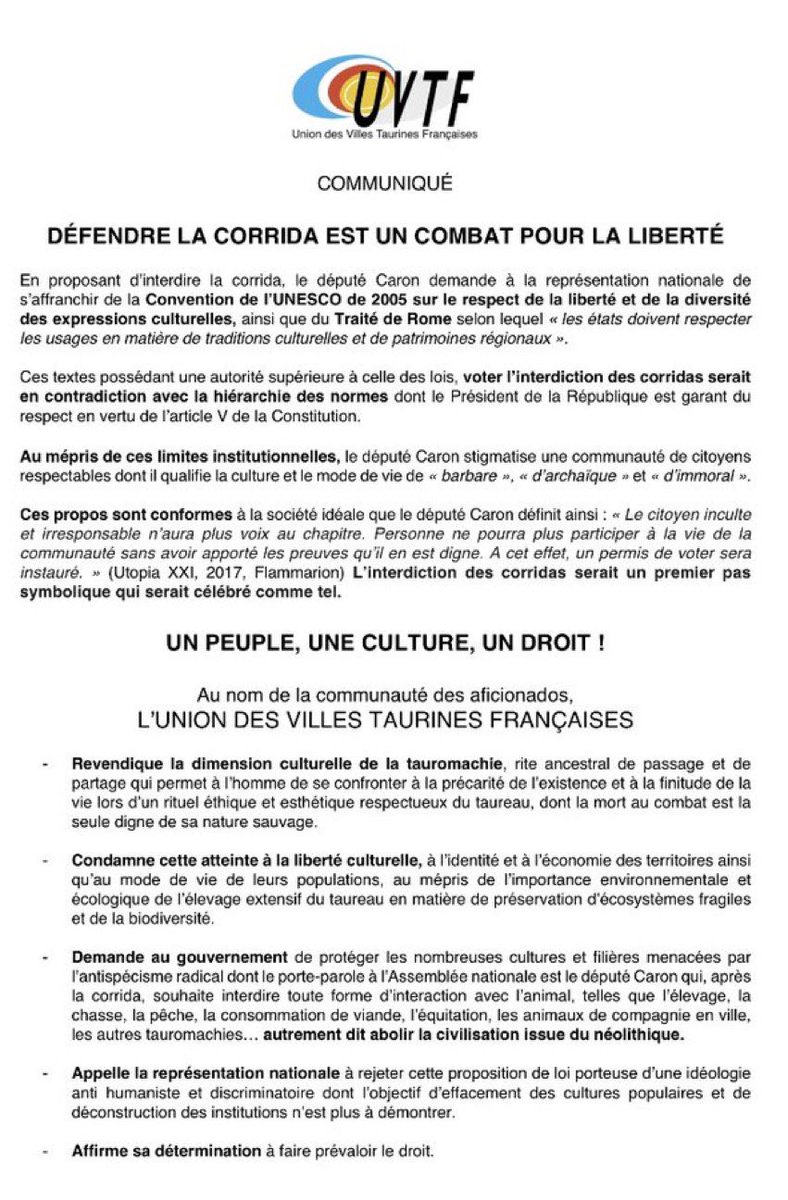 actutoro's tweet photo. COMMUNIQUÉ DE L’UVTF
#uvtf #tauromachie #art #culture #liberté #nopasaran #tradition https://t.co/vBtn1rqpFs